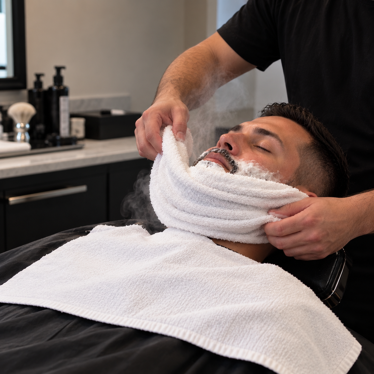 Hot towel shave with steamed towel at Fade Society